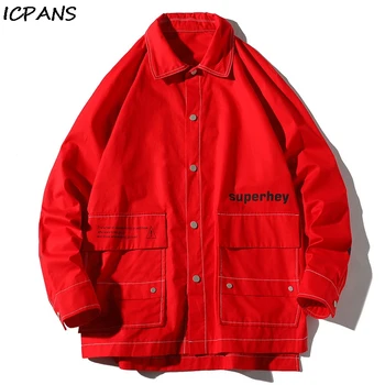 

ICPANS Cargo Multi-pocket Cotton Mens Jackets Casual Loose Letter Thin Hip Hop Streetwear 2019 Spring Autumn Red Black