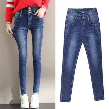 

Skinny High Waist Jeans Woman Femme Jean Spring Autumn Feet Pencil Pants Casual Large Size Thin Elastic Waist Pants Abdomen