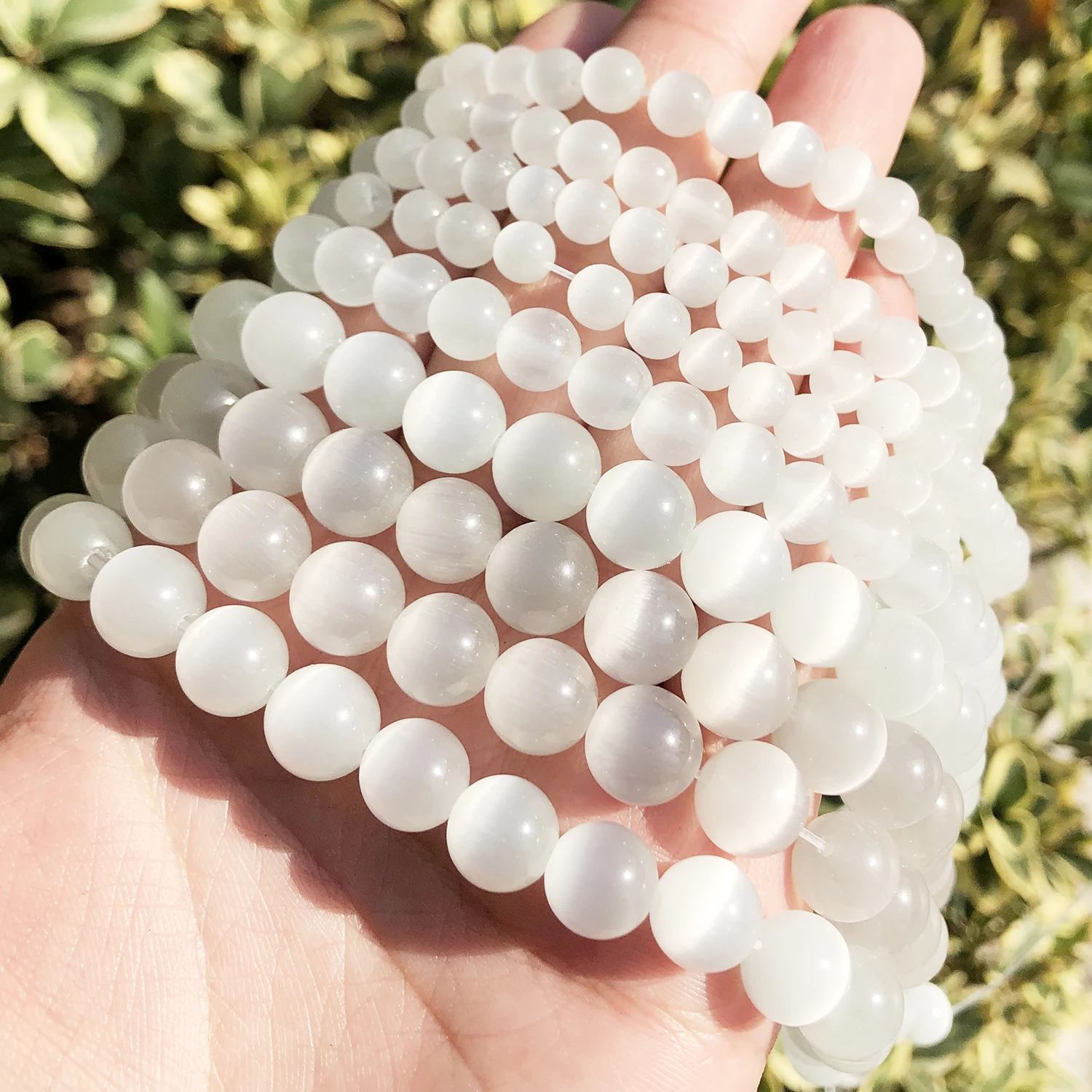 Natural Pink, White, & Blue Cat Eye Round Loose Beads for Jewelry Making - High-Quality Moonstone DIY Bracelet, 15 Strand