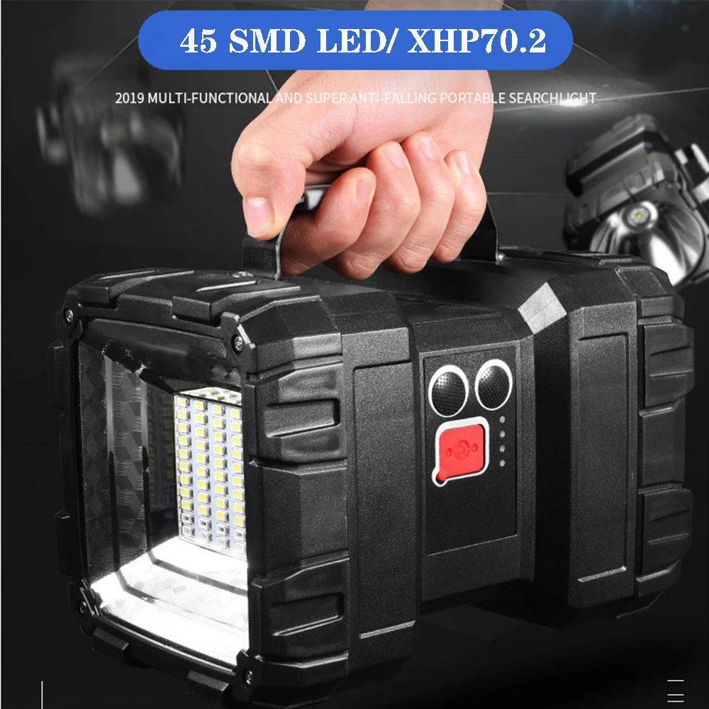 

Super Bright XHP70.2 LED Searchlight Double Head 5000LM Flashlight Rechargeable Power Bank Function For Outdoor Lighting Lantern