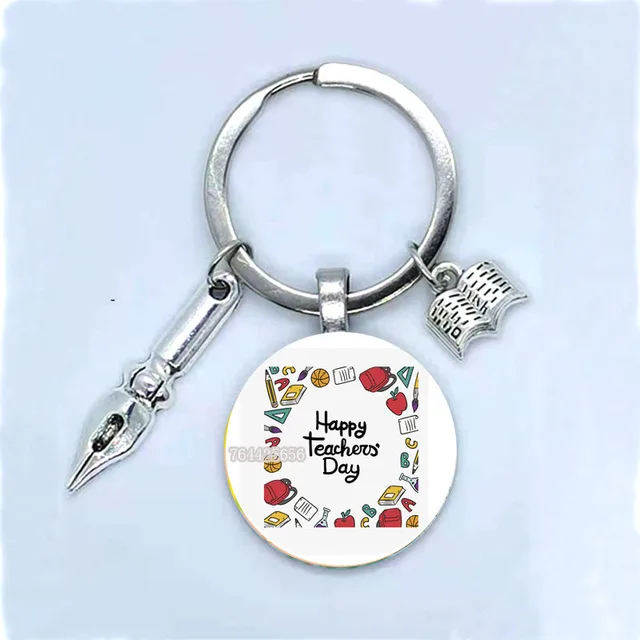 Fashion New Dear Teacher Round Glass Keychain Handmade DIY Book Pen Decoration Pendant Keychain Teacher'S Day Gift Souvenir 17