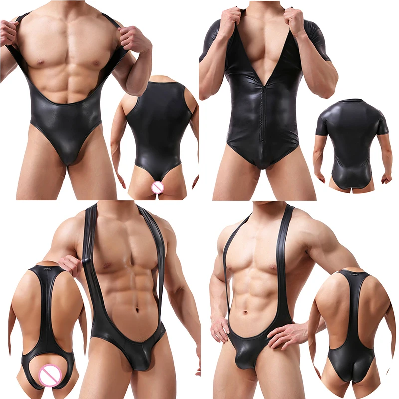 Sexy Gay Bodysuits Faux Leather Leotard Latex Jumpsuits Penis Pouch Undershirts Wrestling Singlet Wetlook Open Butt Sex Catsuit
