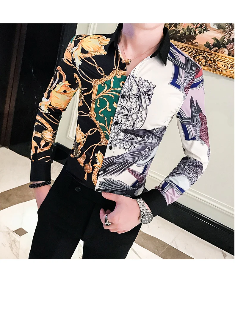 Manche Longue Camisa Masculina черный золотистый брелок для ключей рубашка Мужская Лоскутная рубашка мужская Повседневная рубашка с длинным рукавом Slim
