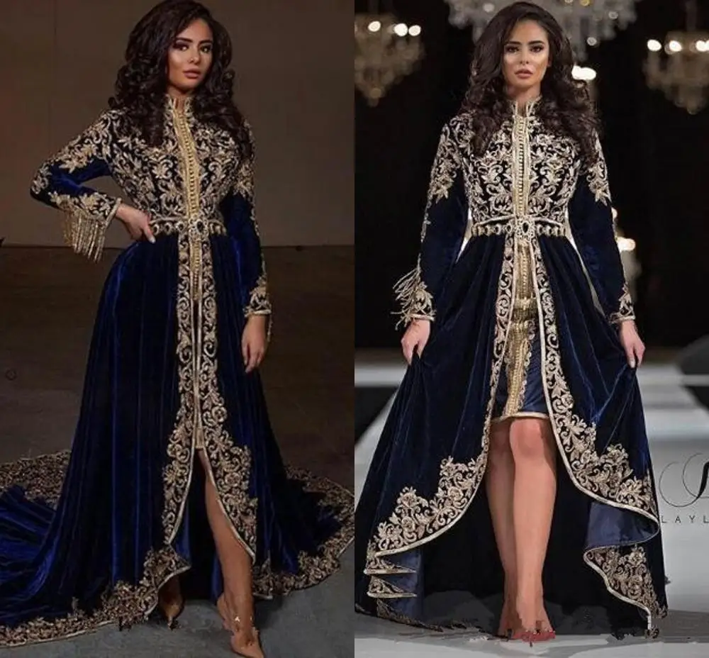

Navy Blue Lace Beaded 2019 Arabic Caftans Evening Dresses High Neck Velvet Prom Dresses Long Sleeves Formal Party gown