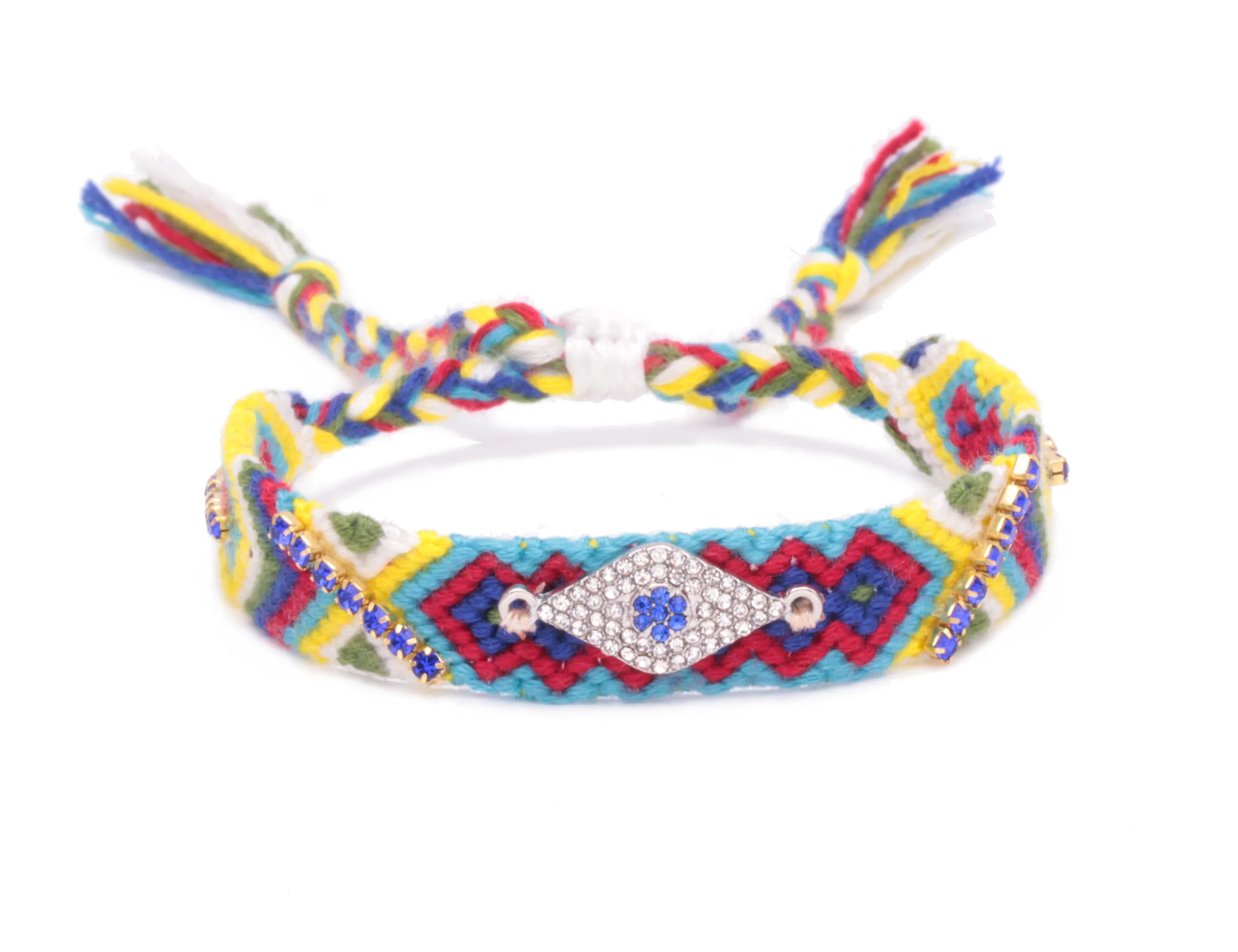 

Boho Prismatic Evil Eye Blue Sparkling Crystal Woven Friendship Bracelets Women Men Embroidery Thread Floss Beach Surf Bracelet