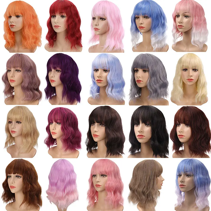 

Short Bob Hairstyle Wig Synthetic Hair with Bangs Natural Color Red Pink Blonde White Lolita for Women Girls Cosplay Wigs MUMUPI