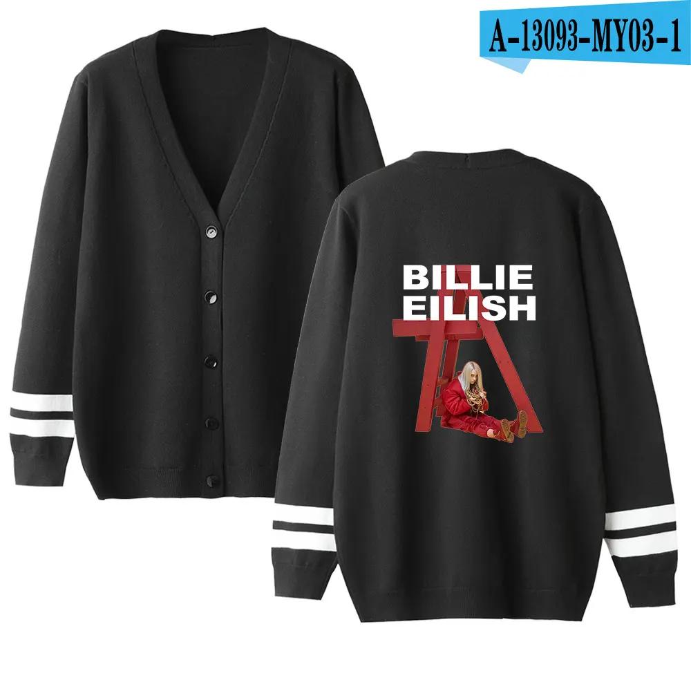 Billie Eilish женский/мужской осенний/Зимний женский вязаный кардиган размера плюс, пальто, Маленькая шаль, вязаная одежда в стиле хип-хоп, Billie Eilish, свитер - Цвет: black