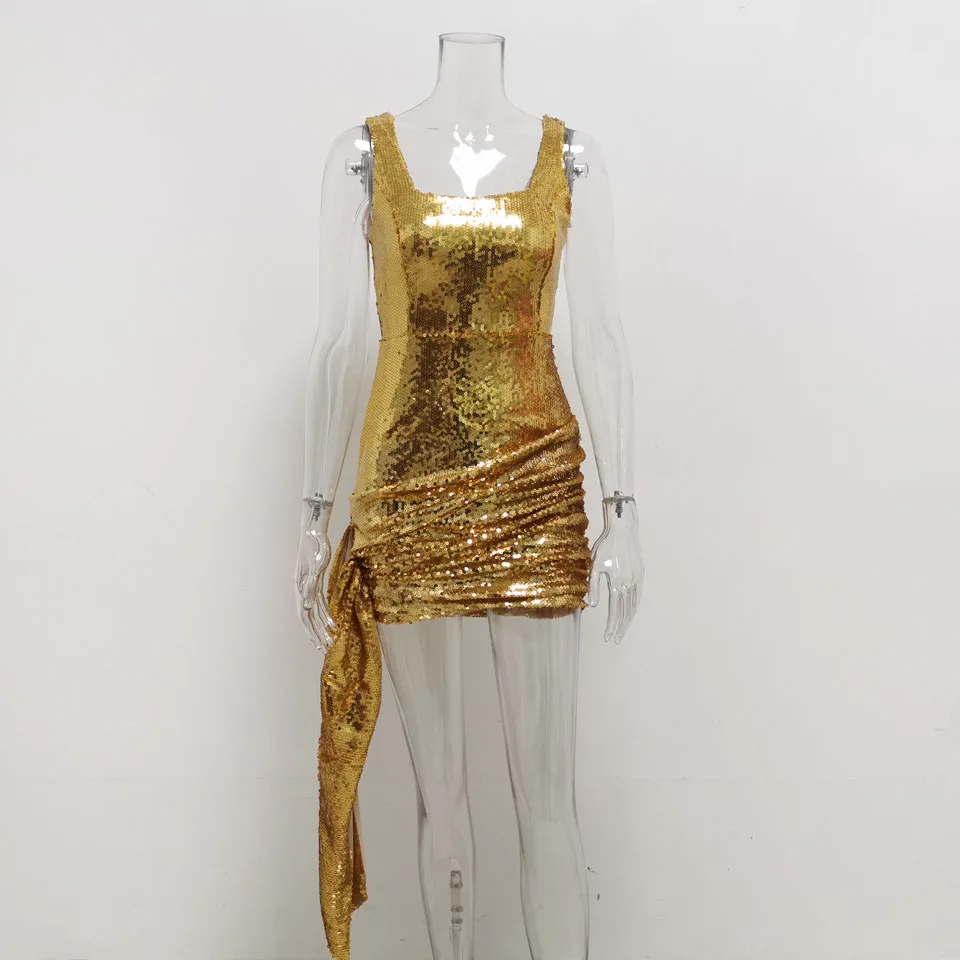 Karlofea/нарядное платье с блестками, женское сексуальное мини-платье с квадратным вырезом для подиума, Дамская блестящая Клубная одежда, Vestido, модное платье с запахом - Цвет: Gold