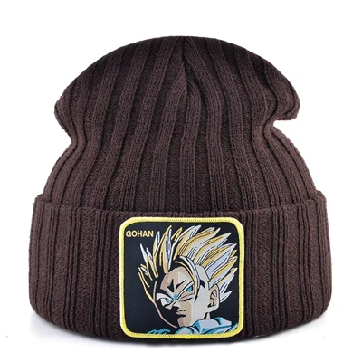 Goku зимние шапки для мужчин вязаная шапка хип-хоп облегающая шапка для женщин дракон вязаная шапочка с помпонами кепка мужская вышивка теплая шапка s - Цвет: Коричневый