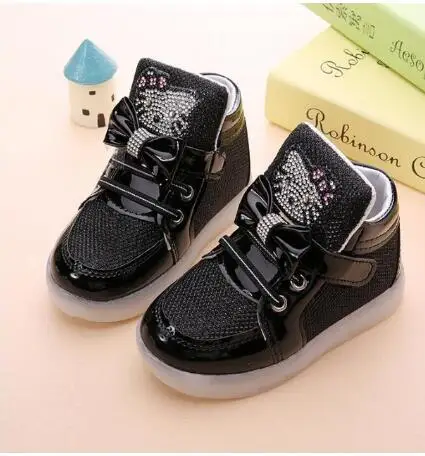 Brand New Children Shoes New Spring Autumn Kitty Rhinestone Led Shoes Girls Princess Cute Shoes With Light EU 21-30 - Цвет: picture color