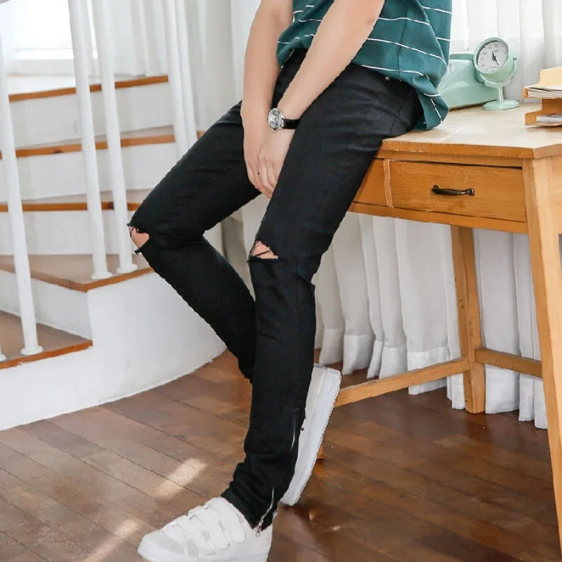 

Black And White with Pattern Leg Zipper Trend Jeans Men 2019 Spring Korean-style Slim Women's Knee with Holes Skinny Pants