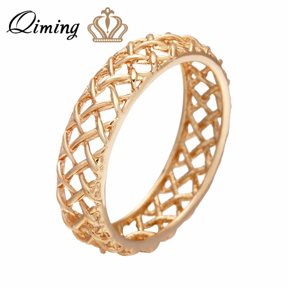 QIMING Fashion Golden Simple Rings For Women Hollow Out Vintage Gold Jewelry Geometry Shape Bague Cheap Female Ring Gift | Украшения и