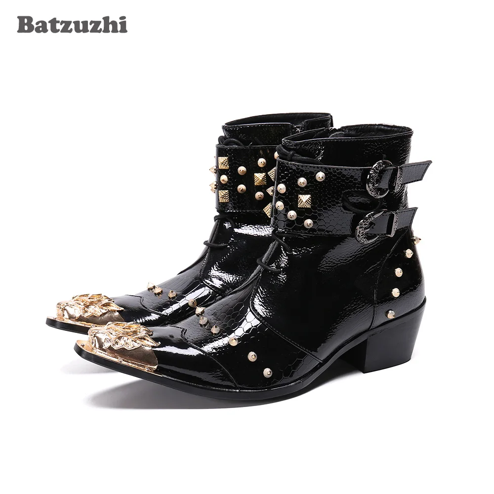Batzuzhi 6.5cm Men Ankle Boots Pointed Metal Tip Rock Rivets Punk Black Leather Botas Militares 38-46 | Обувь