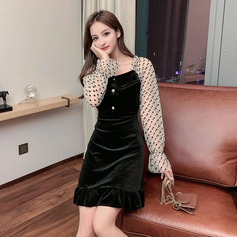 

Elegant Mini Dress Women Korean Kawaii Mesh Long Sleeve Polka Dot Dress Vintage Chic Buttons Ruffle Office Ladies Dresses Black