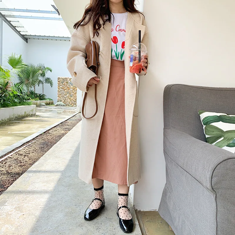 

Solid Color Loose-Fit Long Toggle Wool Cashmere Wool WOMEN'S Overcoat South Korea Dongdaemun Sweet Sided Nigeria Coat