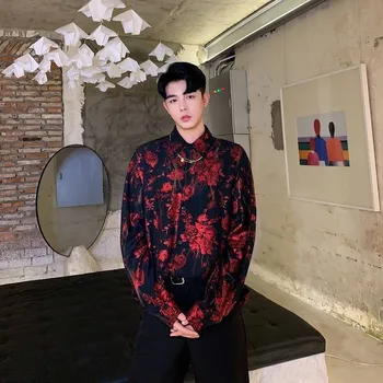 

NiceMix Men Vitnage Casual Flower Print Long Sleeve Loose Shirt Male Streetwear Hip Hop Party Dress Floral Shirt Stage Show Clot