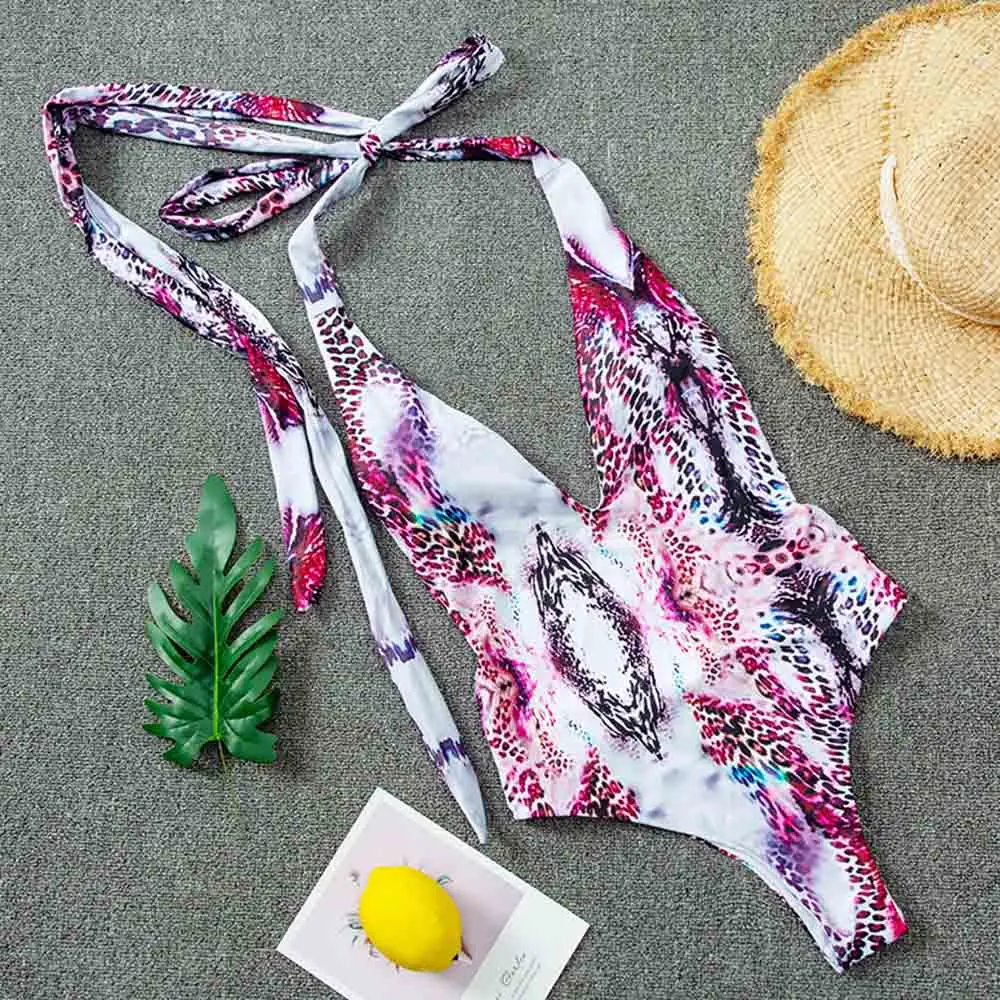 Monokini New Women Sexy Print Brazilian One Piece Swimsuit Floral Retro Thong High Waist Bodysuit Backless High Cut Swimwe - Цвет: Розовый