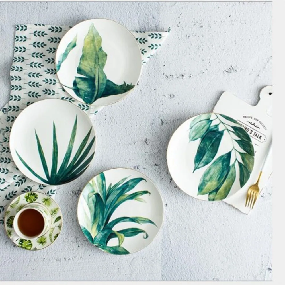 8 inches Green Plants Porcelain Dinner Plate Tableware Dinner Set Green Plants Ceramic Dessert