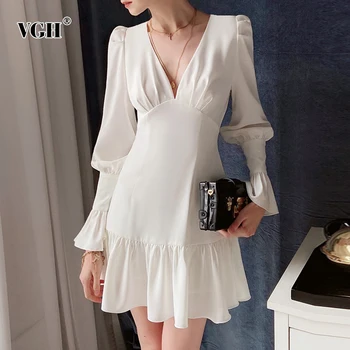 

VGH Elegant White Dress For Women V Neck Lantern Long Sleeve High Waist Patchwork Ruffle Mini Dresses Female Fashion New Style