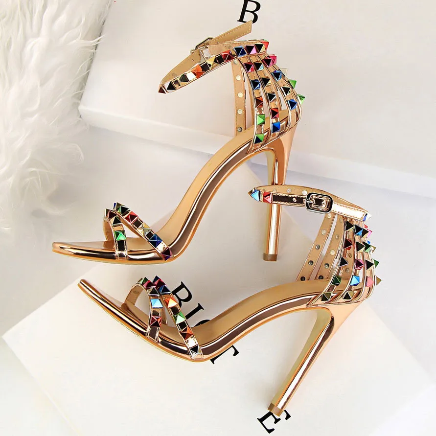 Women 11cm High Heels Rivets Studded Sandals Lady Sandles Stiletto Gladiator Pumps Stripper Summer Fetish Platform Shoes women high heels,platform high heels sandals,platform sandals