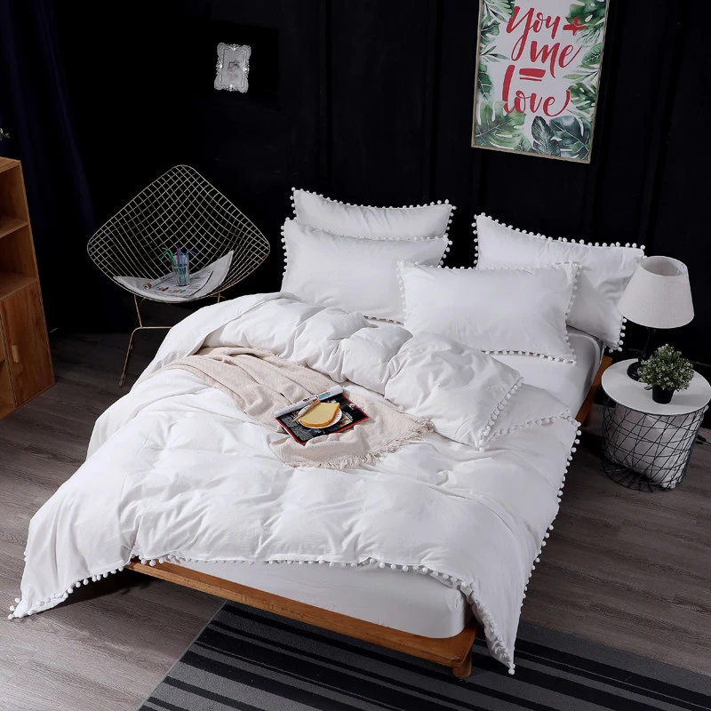 White Pom Ball Fringe Duvet Bed sheet set Pillowcase King Queen Twin size White Pink Grey Bedding set for Girls|Bedding Sets| - AliExpress