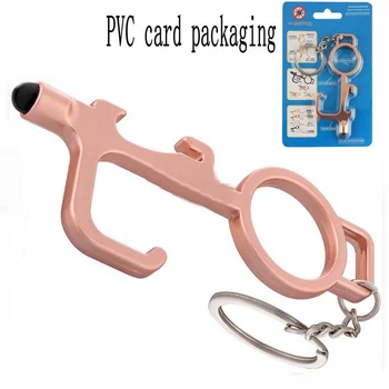 

Hygiene Hand Antimicrobial Brass Door Opener Keychain Touch Tool EDC Door Opener Contactless Key Open Beer PVC Packaging Gift
