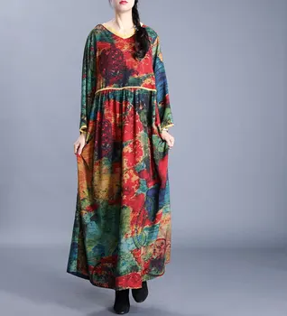 

Chinese Style Retro Printed V Neck Loose Female Dress 2020 Spring New Fashion Lacing On the Back Casual Long Sleeve Long Dress