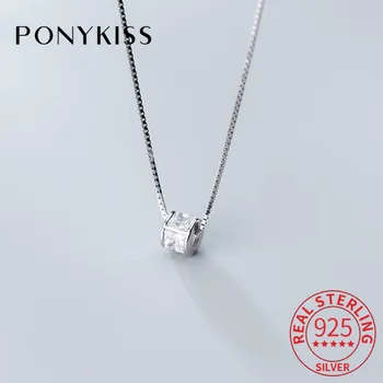 

PONYKISS Trendy S925 Sterling silver Sweet cylinder Zircon Pendant Necklace Chain Women Party Fine Accessory Romantic Chic Gift