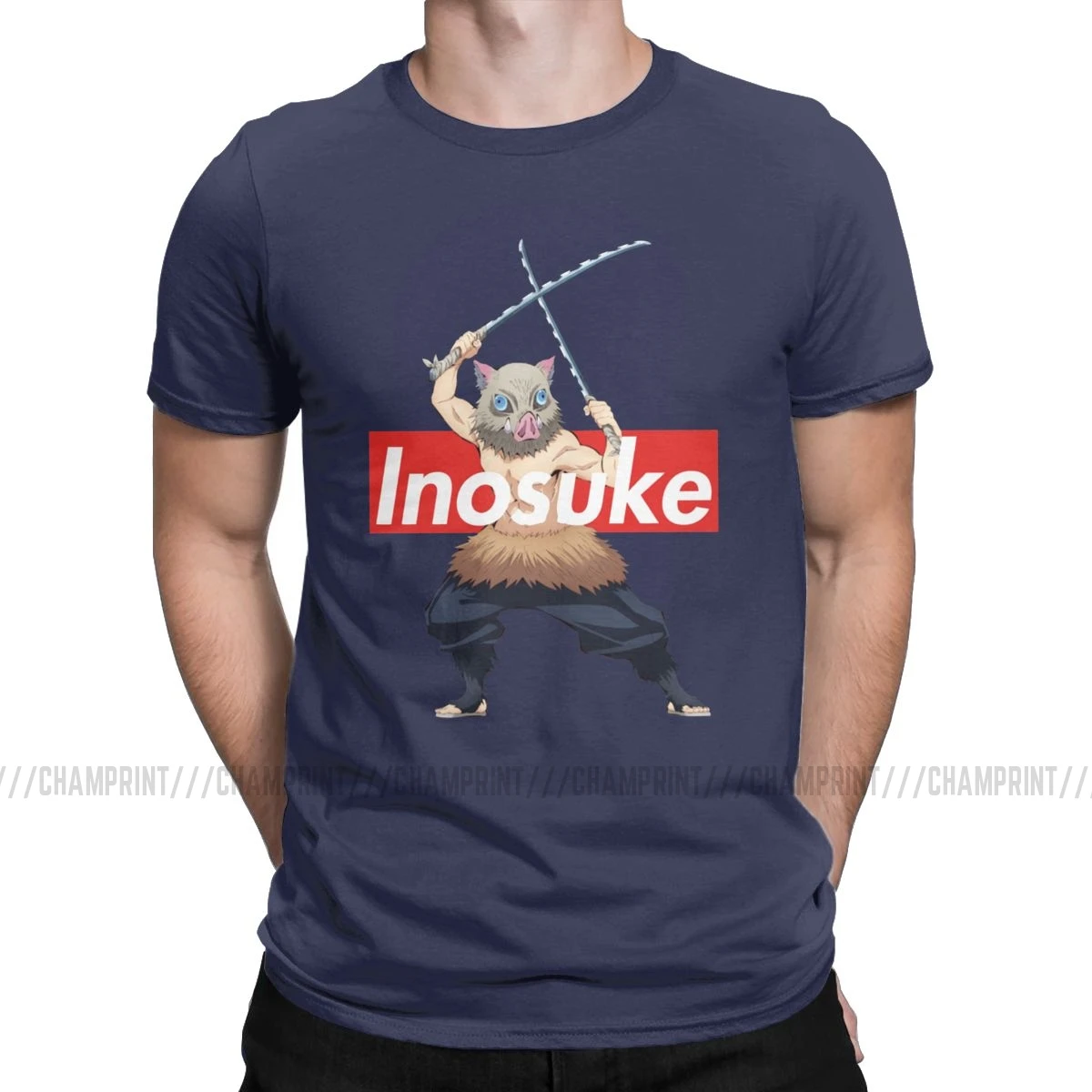 Тёмно-синий Inosuke Hashibira Kimetsu No Yaiba аниме Мужская футболка Demon Slayer аниме Awesome Tees короткий рукав Футболка размера плюс одежда - Цвет: Тёмно-синий