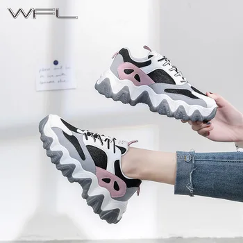 

WFL Women Shoes 2020 Spring Thick Bottom Increased Shoes Dad Footwear Casual Wild Sports Shoes Lace-up Platform Ladies Shoes