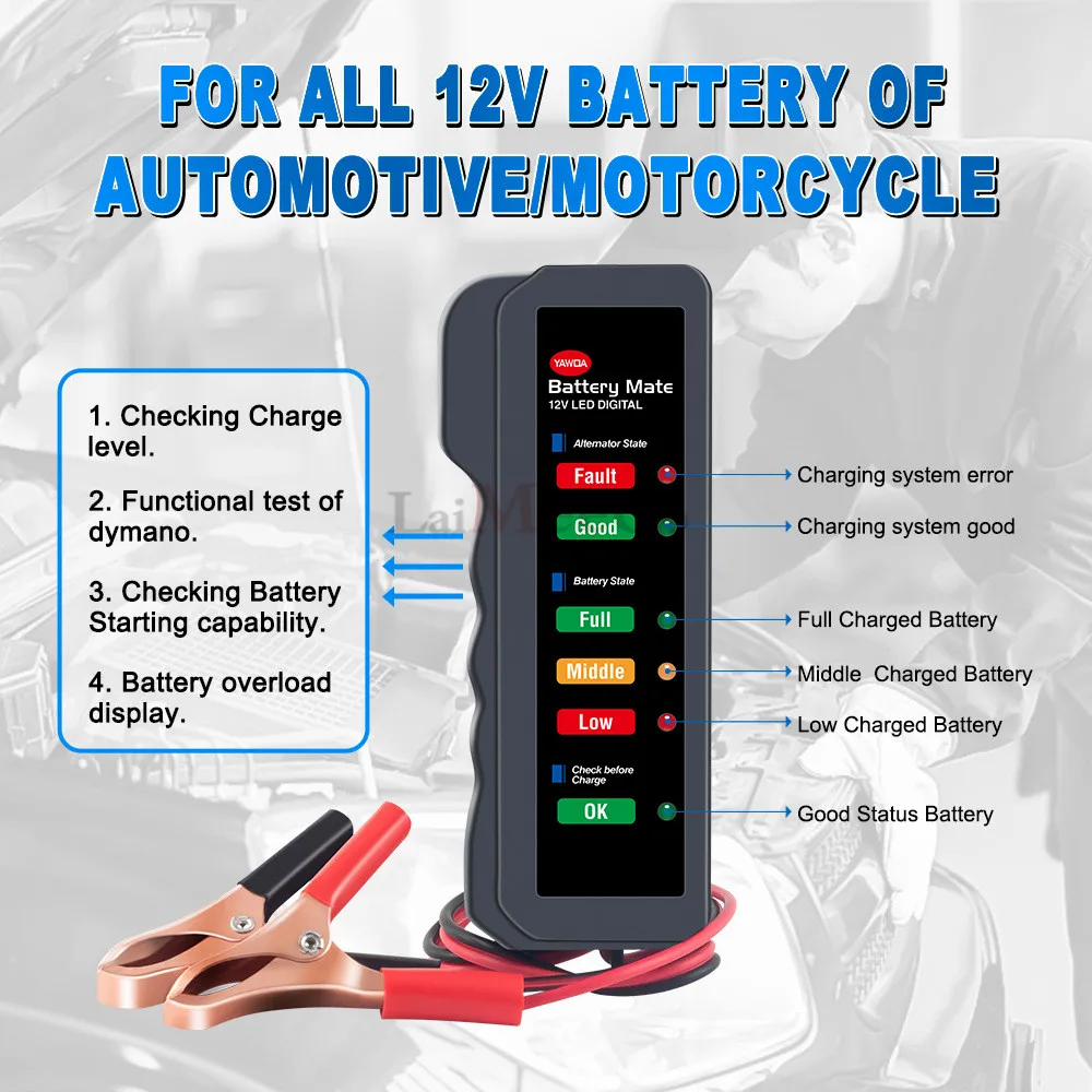 12V Car Battery & Alternator Tester - Test Battery Condition & Alternator Charging (LED indication) (6)