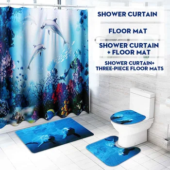 

Blue Dolphin Ocean Deep Sea Polyester Shower Curtain Bathroom Waterproof Pedestal Rug Lid Toilet Cover Bath Mat Set 4 Types