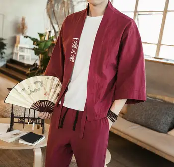 

Sinicism Store Linen Men Shirts Kimono Male Chinese Japan Style Embroidery Three Quarter Sleeve Open Stitch Shirts