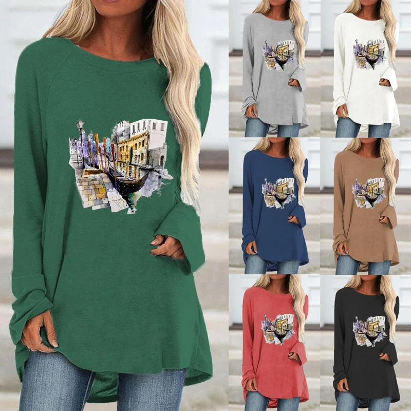 

Autumn and Winter Women Clothing Fashion Printing Elegent Long Sleeve Round Neck Pullover Plus Size Loose Casual Tops XS-5XL