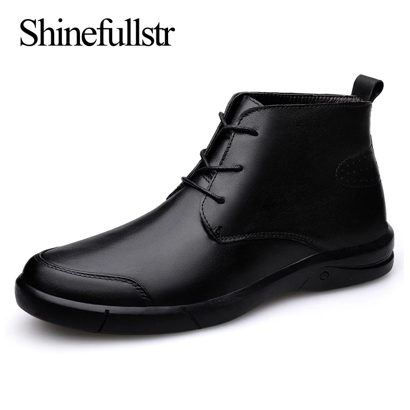 

Winter Autumn Men's Ankle Flat Leisure Luxury Genuine Leather Boots Men Botas Masculinas Em Couro Botines Hombre Solid Black
