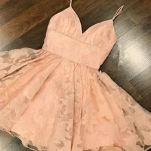 Выпускное платье цвета шампанского с v-образным вырезом на тонких бретельках Короткое свадебное с кружевной аппликацией створки реальное изображение на заказ для встречи выпускников