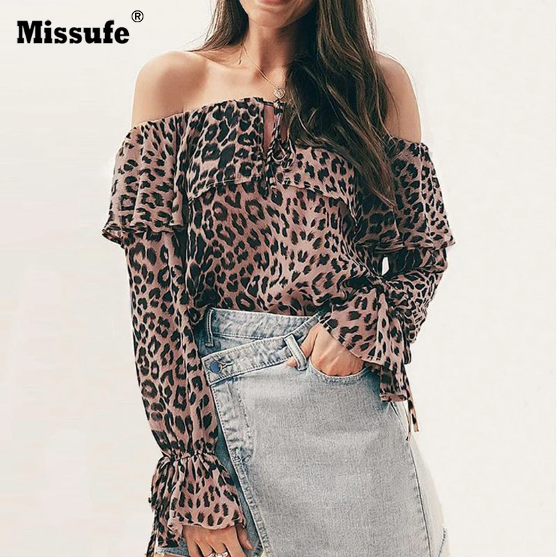 

Missufe Long Sleeve Chiffon Blouse Women Slash Neck Leopard Print Blouse Female Sexy Bell Sleeve Wrapped Chest Backless Tops