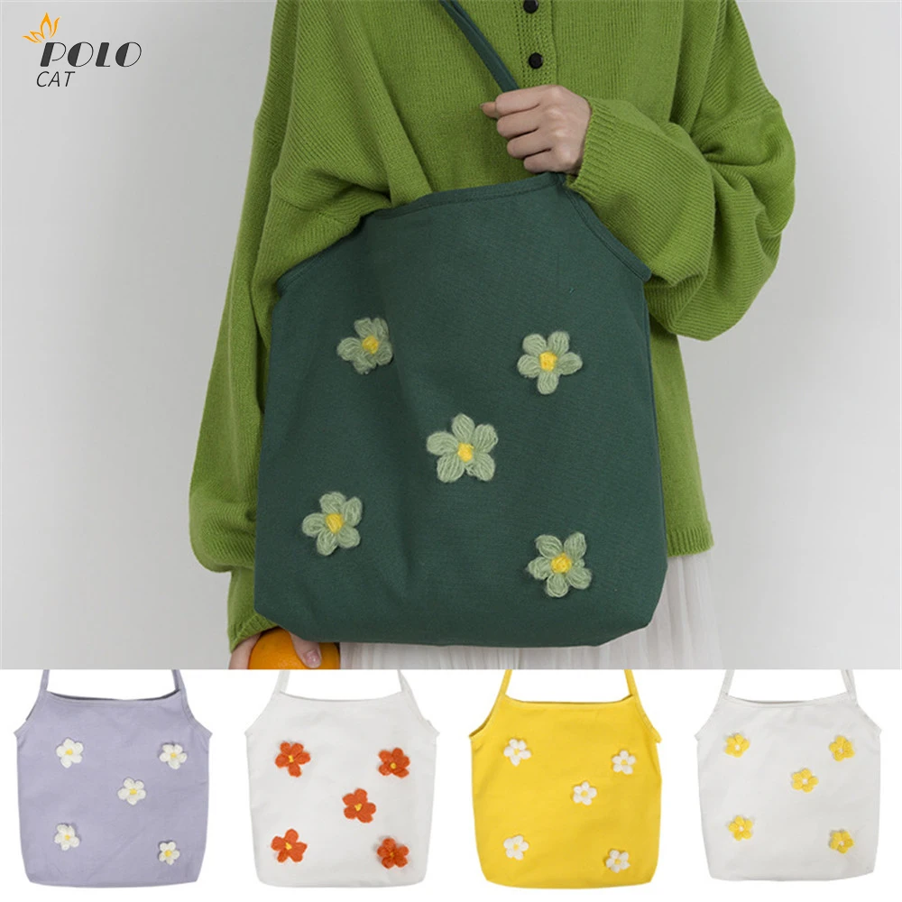 

Ladies Canvas Daisy Shoulder Bag Flowers Embroidery Female Literary Cloth Handbag Casual Tote Eco Simple Shopping Bags For Girls