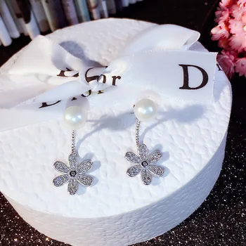 

Quality Natural Pearl Decorative Back Hanging Floral Earrings Real 925 Sterling Silver Cute Women Earrings