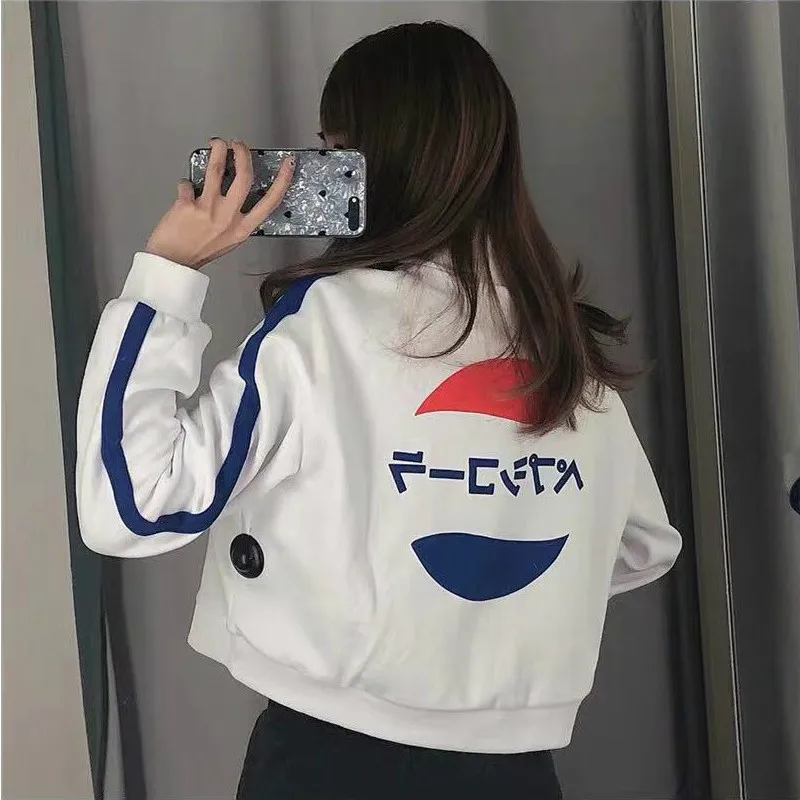 Ulzzang Корейская укороченная Женская толстовка на молнии, осень, свободная тонкая укороченная Толстовка Pepsi, Графические Топы, женская модная уличная одежда