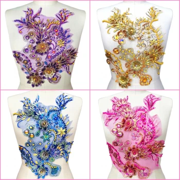 

3pcs 11.8x15inch 3D Beaded Embroidered Floral Pink Fuchsia clothes Lace Patches Trims Sewing Applique For Sew on Dance costumes