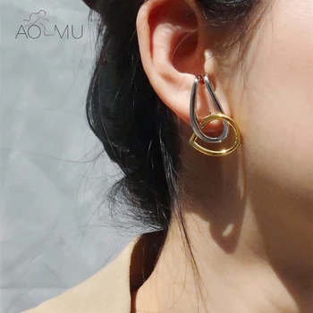 

AOMU 2020 New S925 Two-color Stitching Hollow Line Water Droplets Two Ways of Wearing Simple Stud Earrings For Women