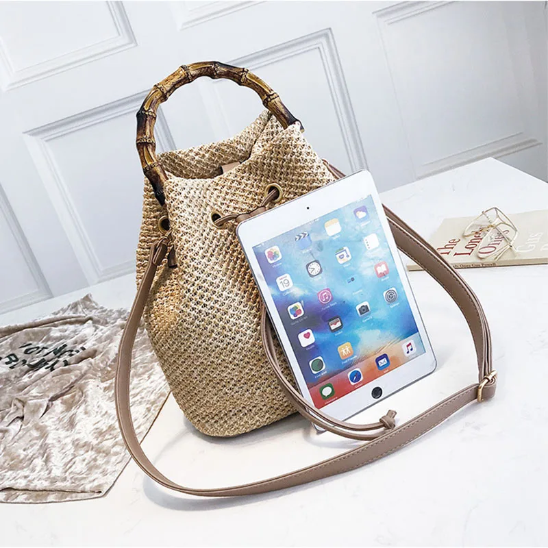 Women Drawstring Straw Bucket Bag Female Summer Handmade Woven Shoulder Messenger Bags Ladies Shopping Purse Beach Bags Handbags