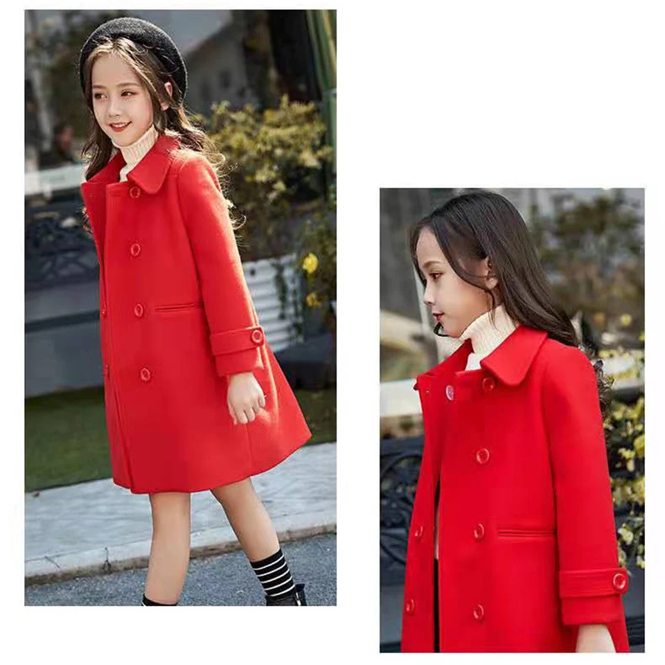 Abrigo de niña de lana con capucha larga recta en color rojo brillante  abrigo de invierno personalizado para niña, abrigo elegante para niños,  chaqueta de niña cálida con capucha -  México