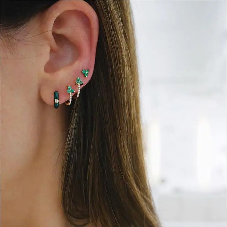 925sterling silver minimalist adorable women girl jewelry U hoop huggie cz blue red green delicate dainty multi piercing earring