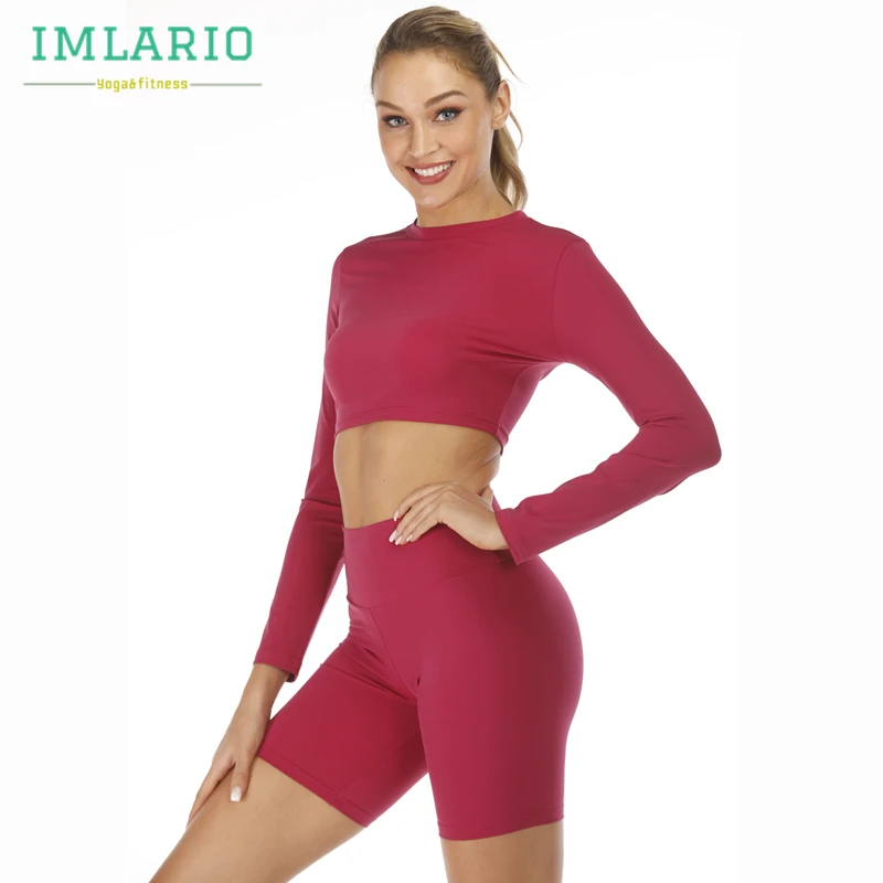 Imlario Cropped Top 2 PCs Set Sports Outfits Women Gym Long Sleeve High Waist Fitness Shorts Nylon Stretchy Tracksuits Sportwear