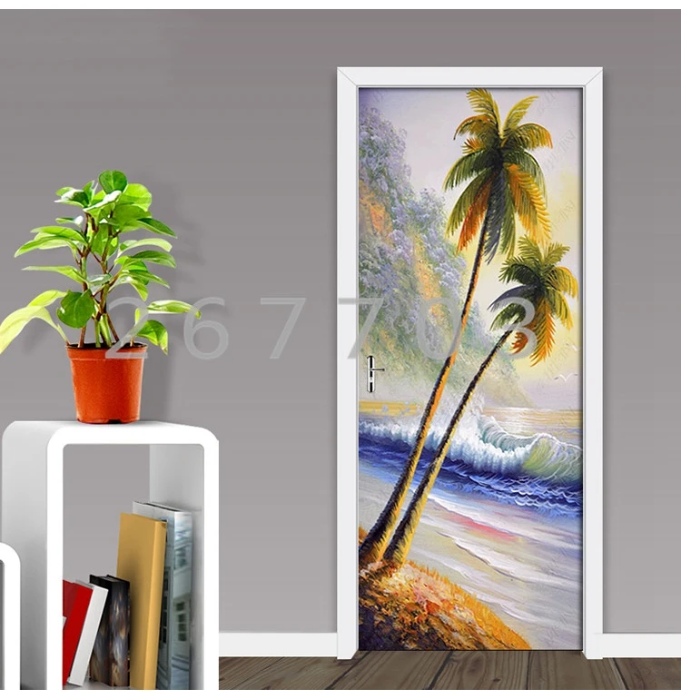 Seaside Coconut Tree Landscape Door Sticker DIY Home Decor Decals Self Adhesive Oil Wallpaper Door Waterproof Mural For Bedroom