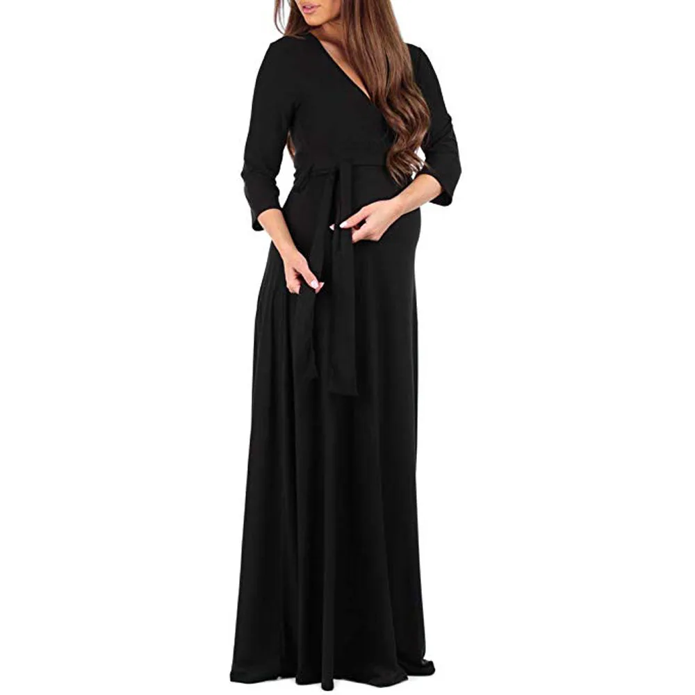 Зимнее женское платье для беременных, однотонное, с регулируемым поясом, длинное платье, платья для беременных с v-образным вырезом, макси платья для беременных, Gravida# LR2
