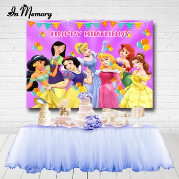

InMemory Cartoon Princess Party Backdrop For Girls Birthday Jasmine Snow White Belle Mermaid Photographic Backgrounds Supplier