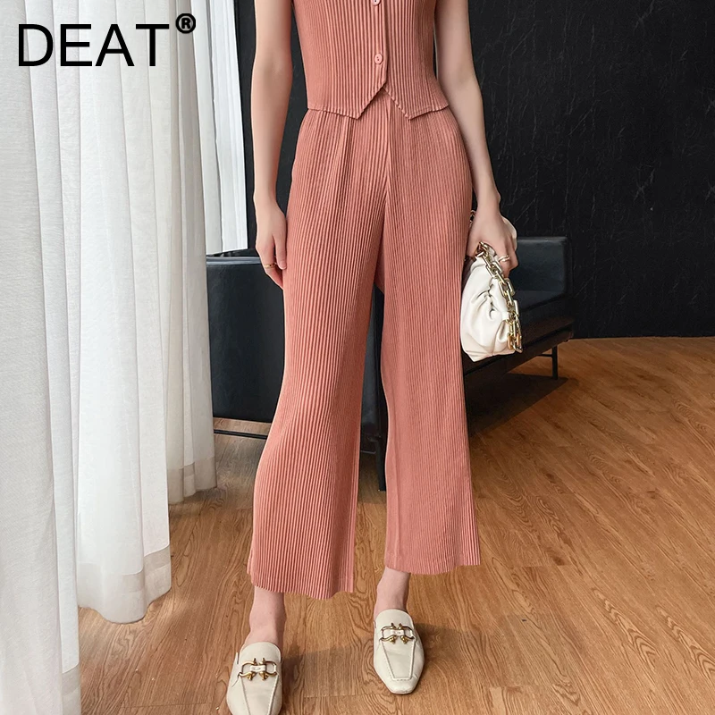 DEAT Woman Pleated Straight Pants Pink Solid High Elastic Waist Casual Style Loose Wild Trousers 2022 Spring Fashion 15AB365 | Женская